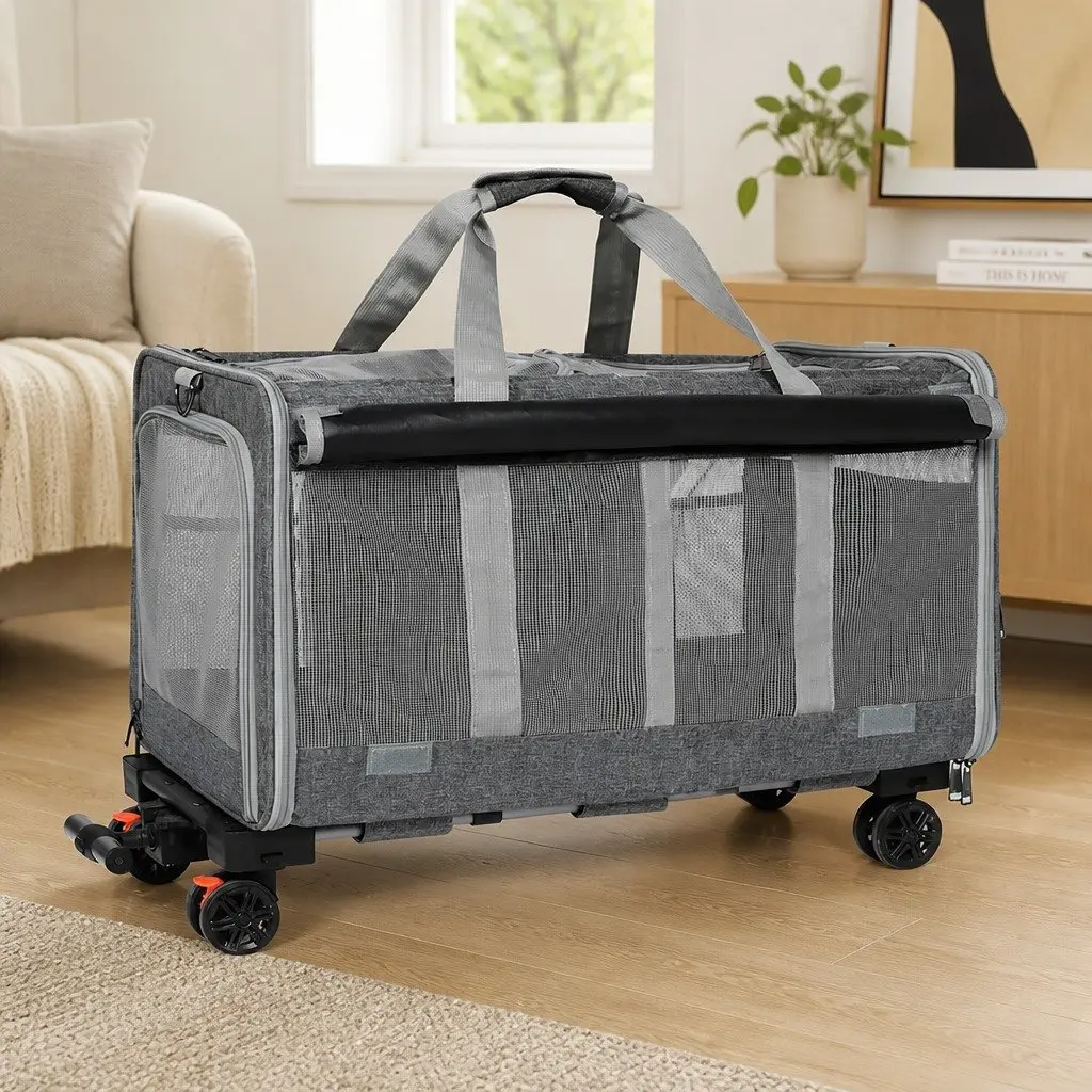 Pet Carrier Oxford Fabric 60cm x 38cm x 45cm Grey 4 Wheel Rolling Foldable Dog Cat Travel Crate Backpack Trolley