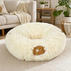 Foldable Plush Cat Tunnel Bed in Beige for Play and Rest