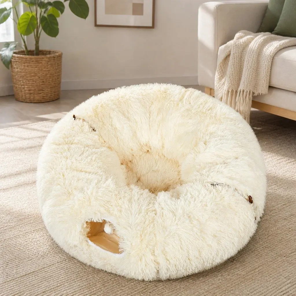 Foldable Plush Cat Tunnel Bed in Beige for Play and Rest