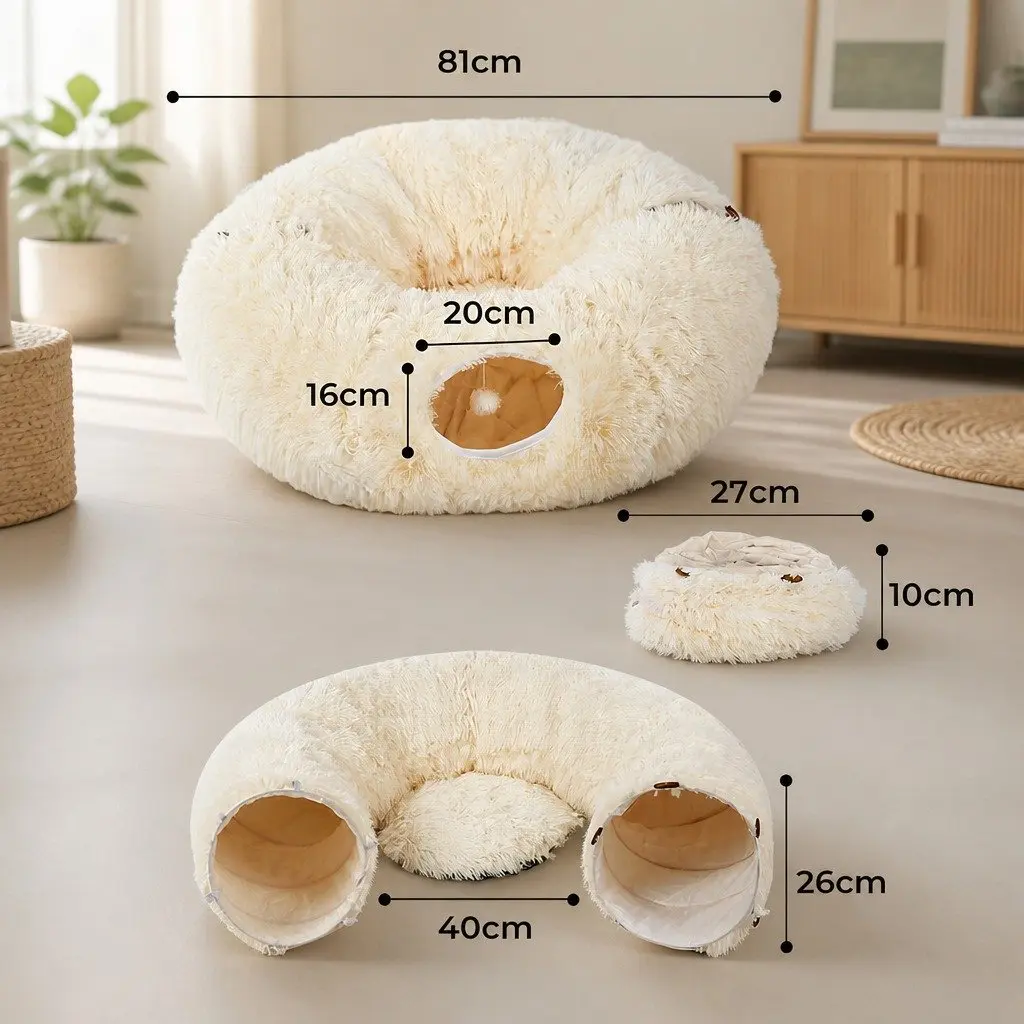 Foldable Plush Cat Tunnel Bed in Beige for Play and Rest
