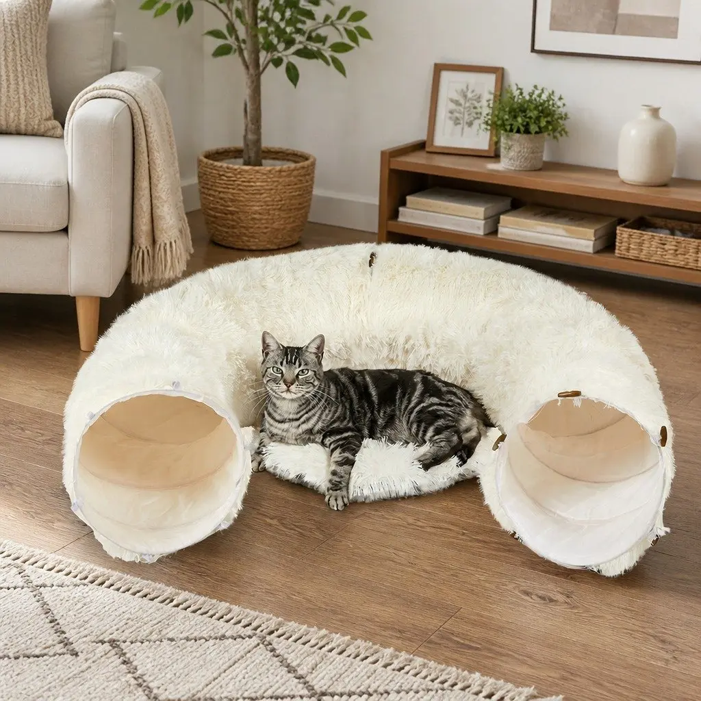 Foldable Plush Cat Tunnel Bed in Beige for Play and Rest
