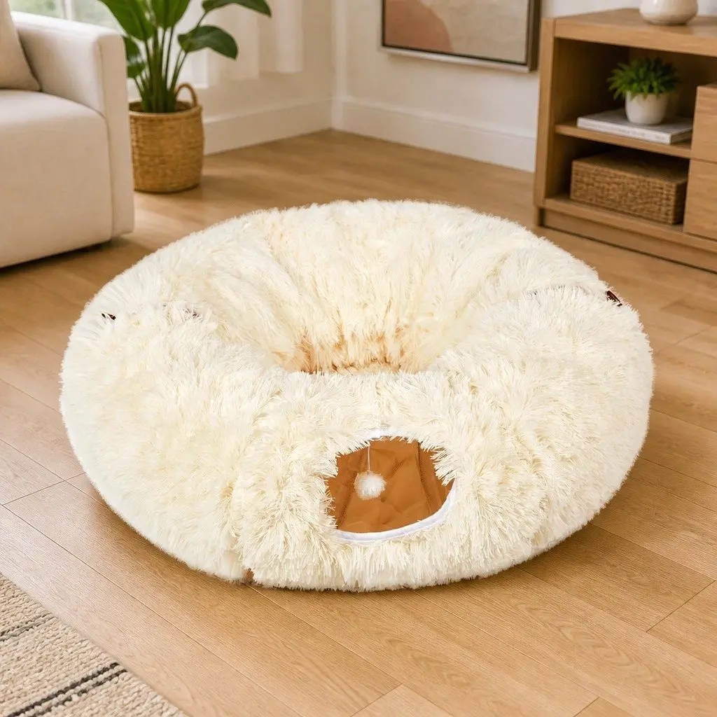 Foldable Plush Cat Tunnel Bed in Beige for Play and Rest