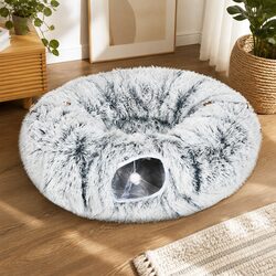 Grey Cat Tunnel Bed with Plush Fleece for Play & Rest