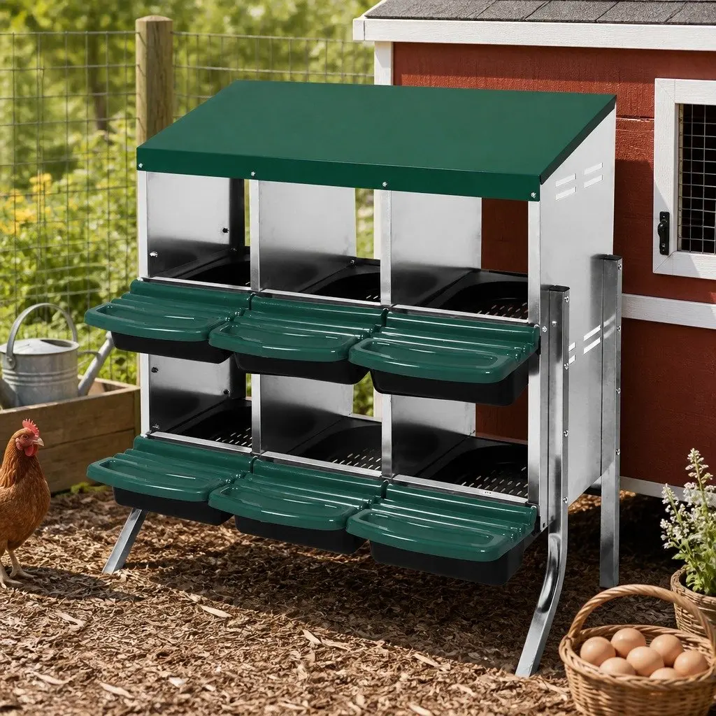 Chicken Egg Nesting Box Galvanized Steel 6-Hole Green
