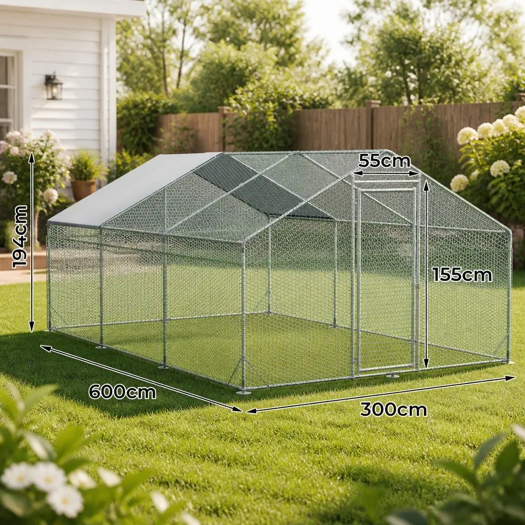 Large Chicken Coop Cage Galvanized Metal 600x300x194cm Silver