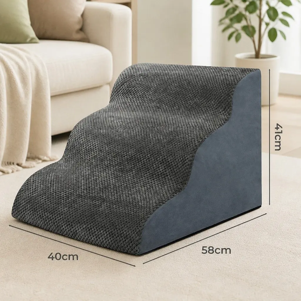 3-Step Pet Stairs High Density Foam Non-Slip Portable Handle Grey