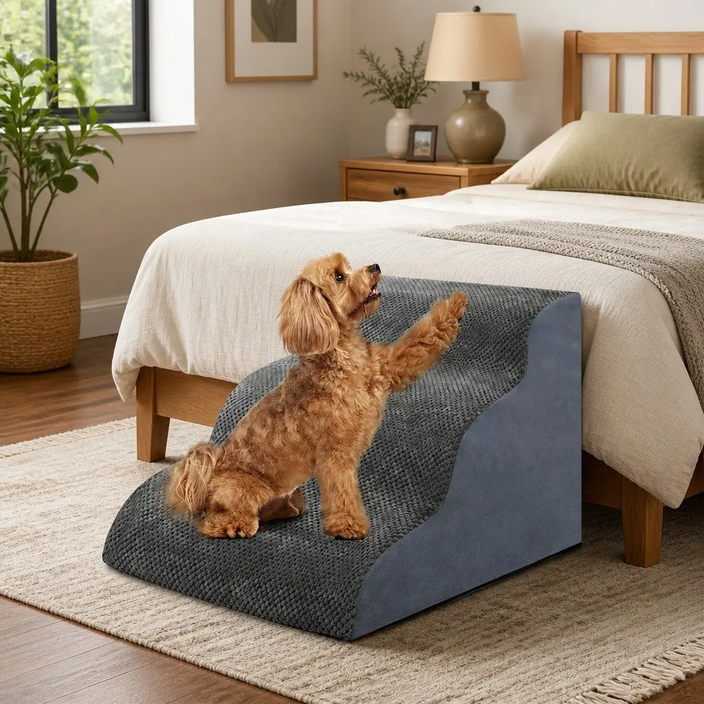3-Step Pet Stairs High Density Foam Non-Slip Portable Handle Grey