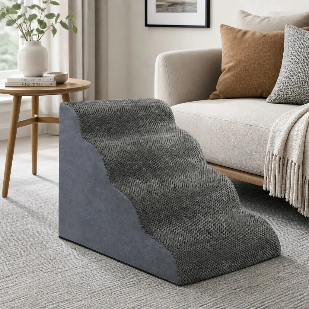 Pet Stairs High-Density Foam 4-Step Grey Non-Slip Corduroy for Senior Dogs Small Pets Portable