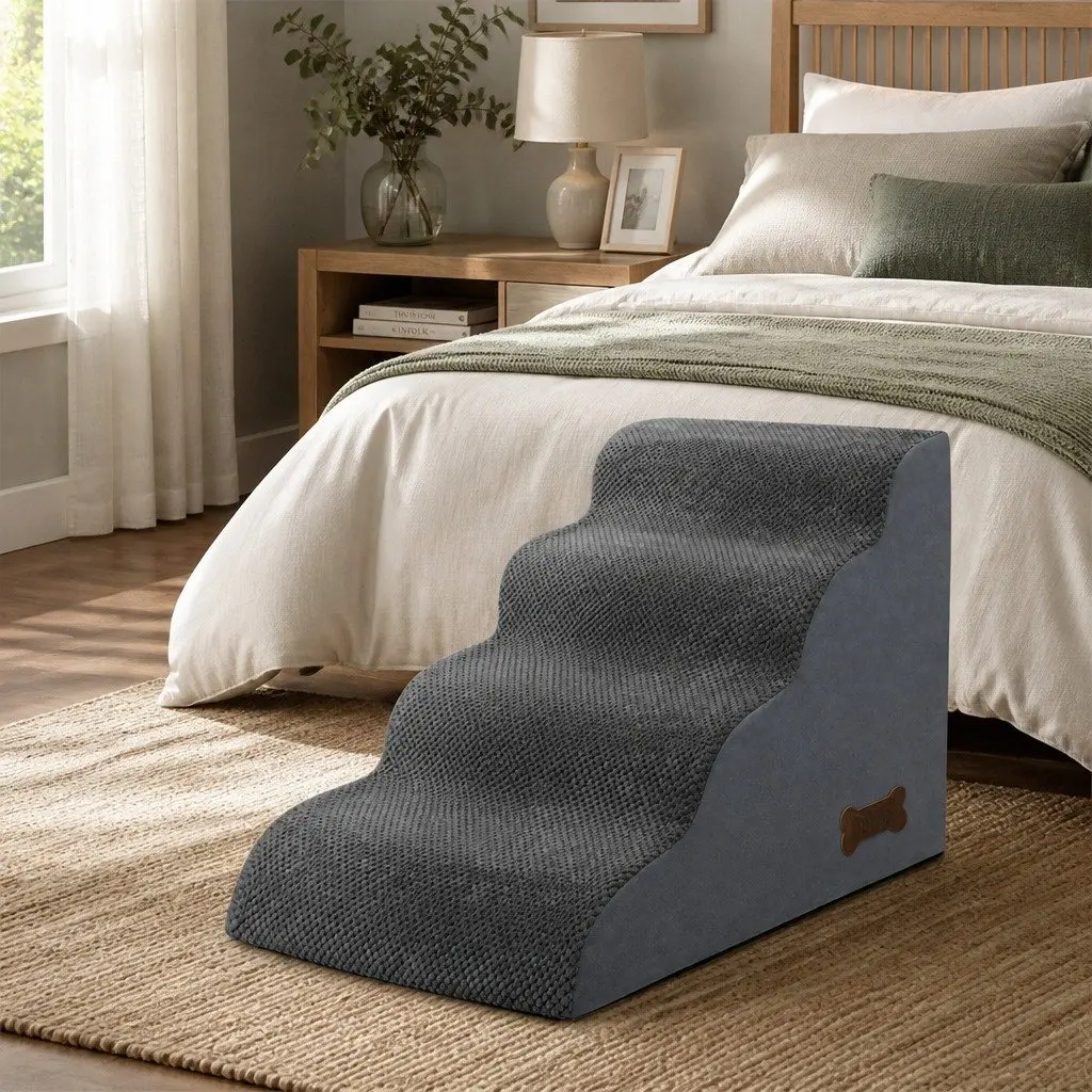 Pet Stairs High-Density Foam 4-Step Grey Non-Slip Corduroy for Senior Dogs Small Pets Portable