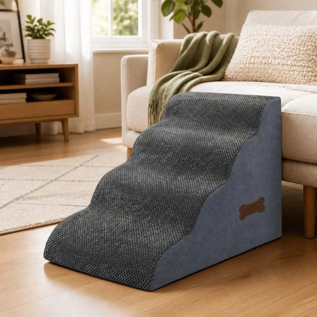 Pet Stairs High-Density Foam 4-Step Grey Non-Slip Corduroy for Senior Dogs Small Pets Portable