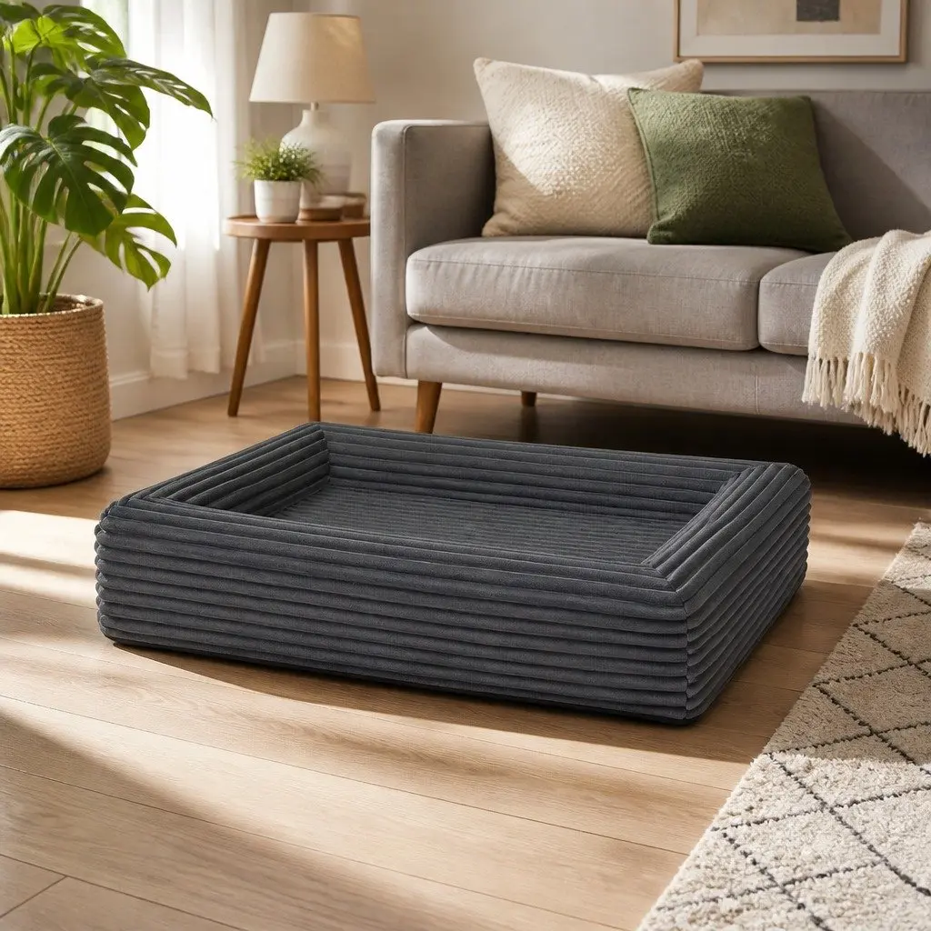 Orthopedic Dog Bed Egg Crate Foam L Grey Corduroy Removable Washable Cover