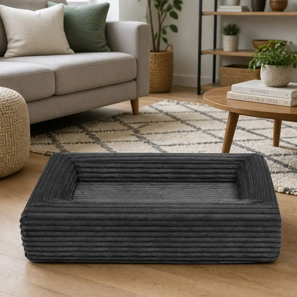 XL Grey Corduroy Orthopedic Dog Bed with Washable Cover