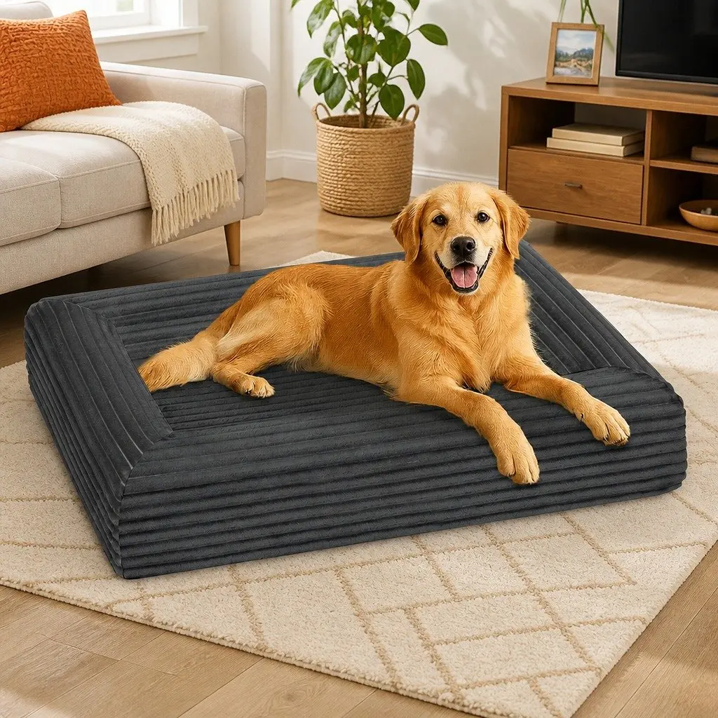 XL Grey Corduroy Orthopedic Dog Bed with Washable Cover