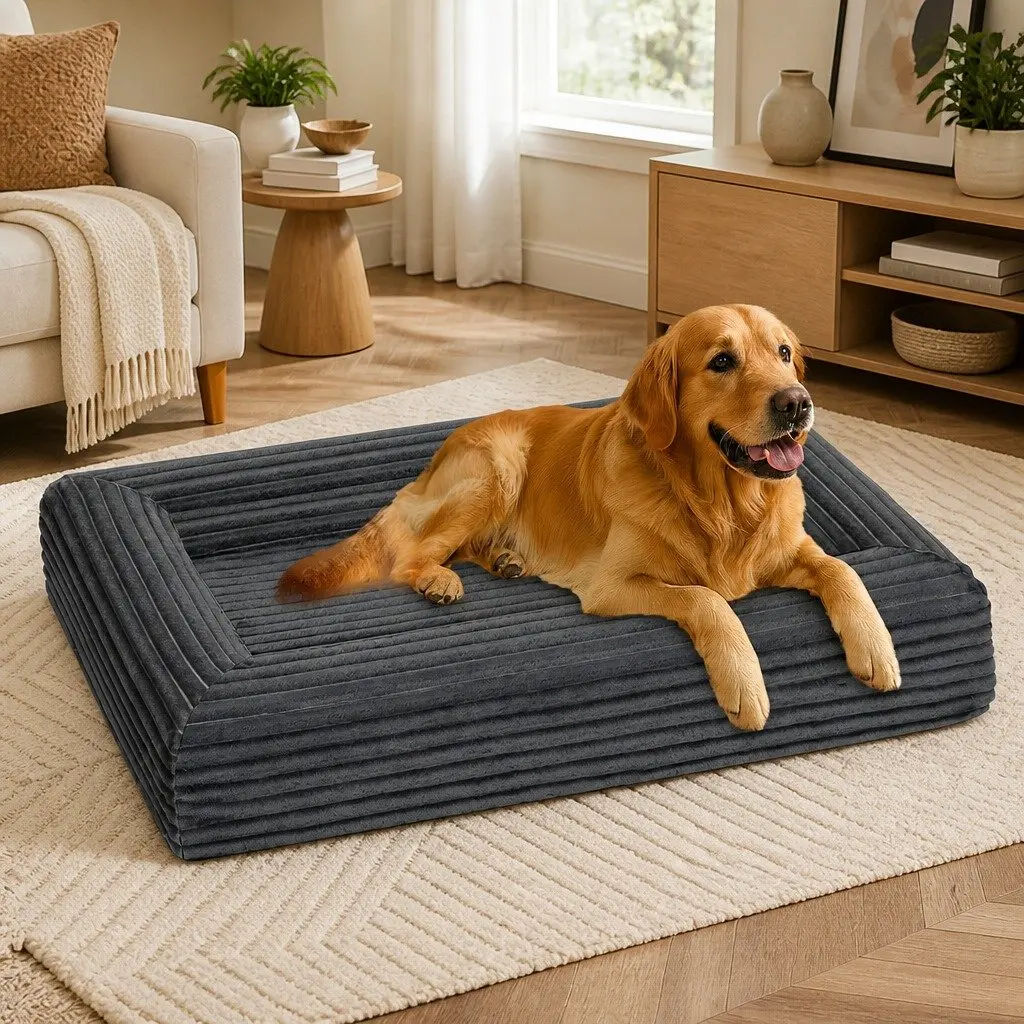 XXL Orthopedic Dog Bed Egg Crate Foam Corduroy Grey