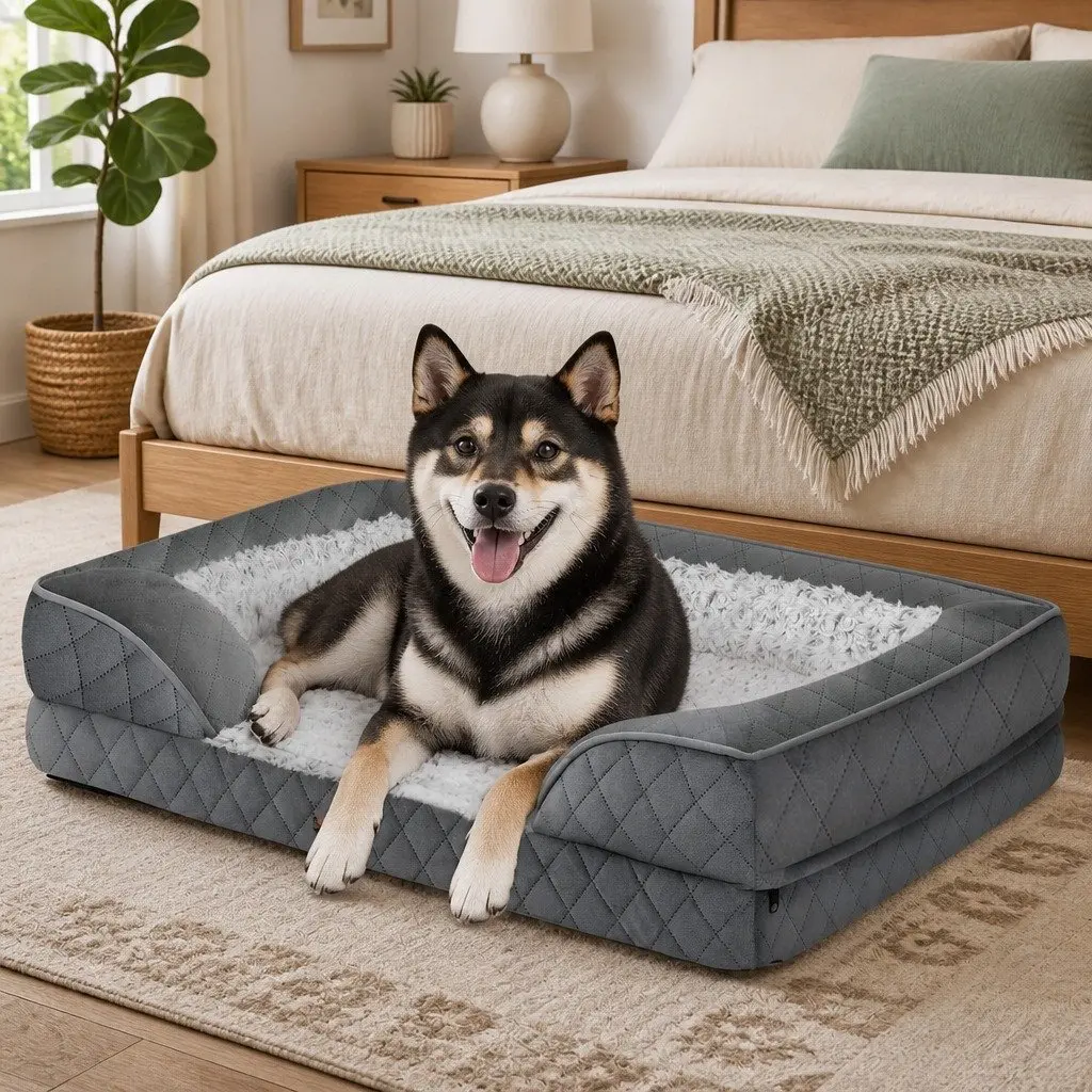 Orthopedic Memory Foam Dog Bed Grey XL Large Washable Mat Bolster Support