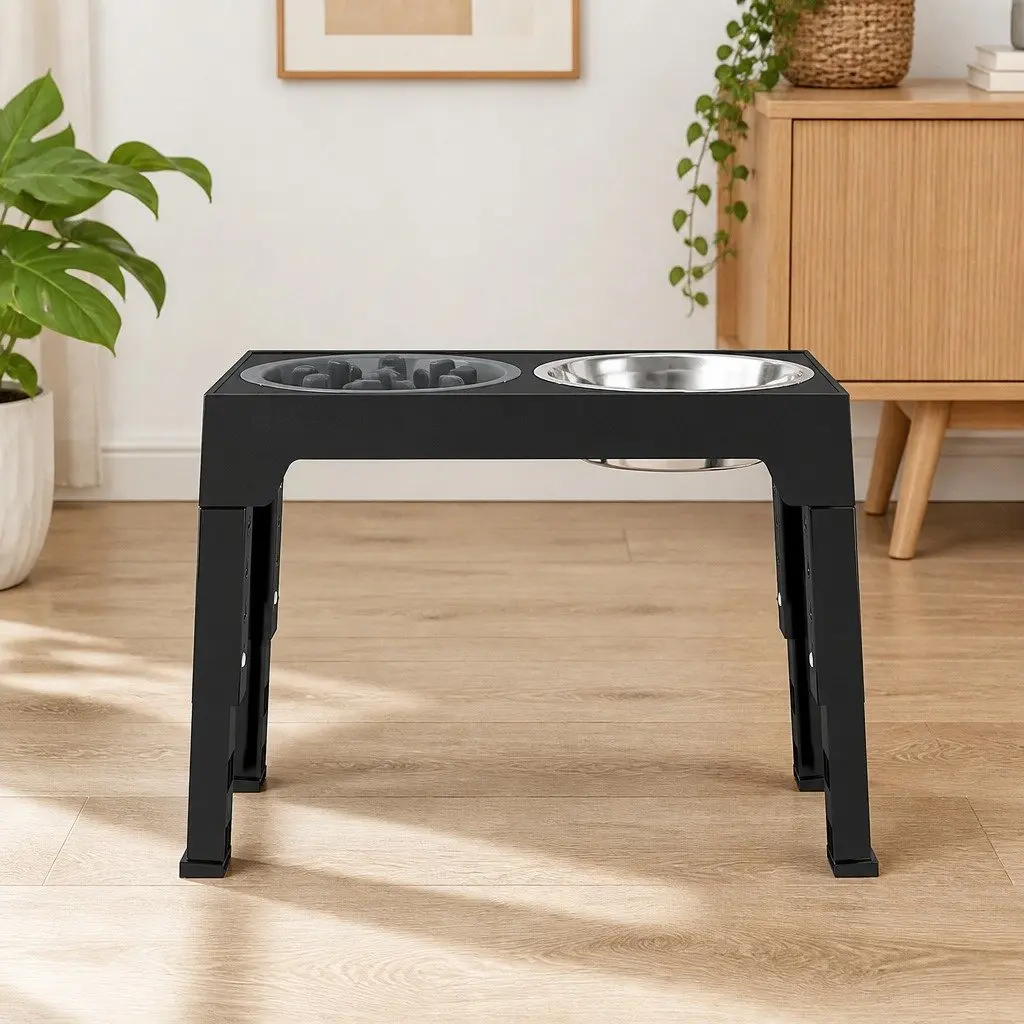 Elevated Dog Bowls Stainless Steel Adjustable Heights Slow Feeder Black