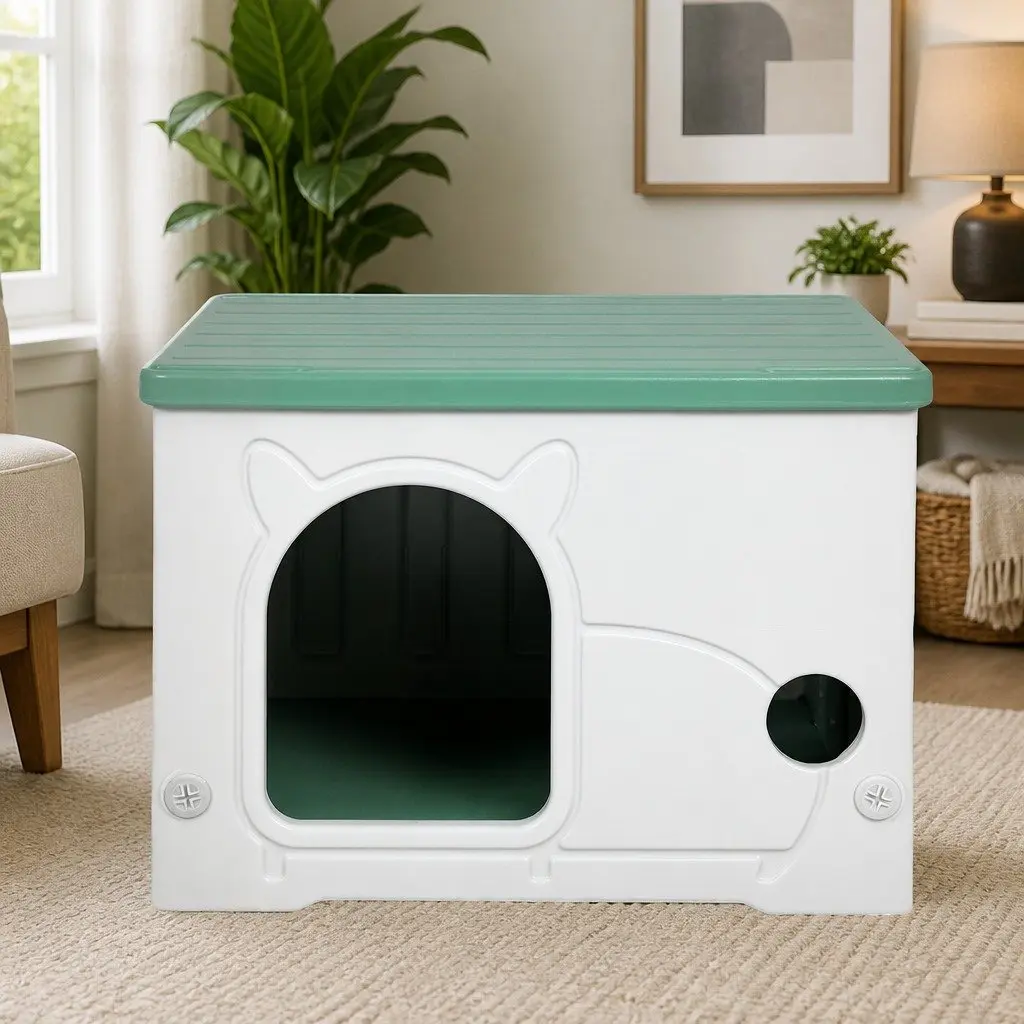 Pet House Plastic Semi-Enclosed Dog Kennel Indoor Outdoor Green and White