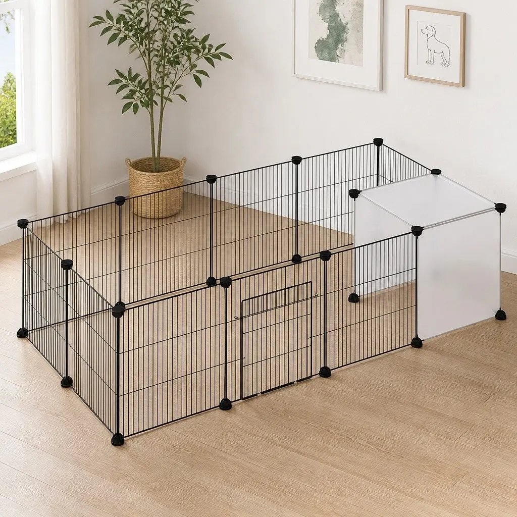 Pet Playpen Iron 14 Panels Black Modular Enclosure Small Animals Hamster Rabbit Guinea Pig
