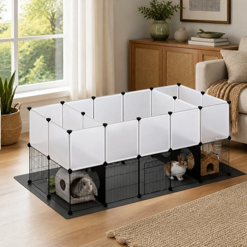 Small Animal Cage Iron Frame Modular Playpen 36 Panels Black Transparent