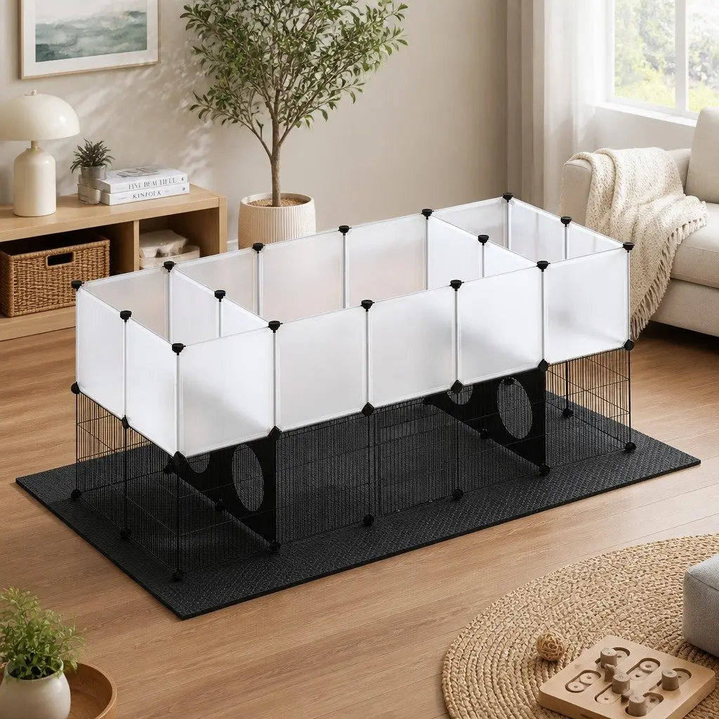 Small Animal Cage Iron Frame Modular Playpen 36 Panels Black Transparent
