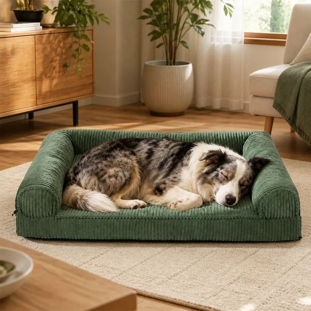 Dog Bed Orthopedic Foam Cushion Corduroy Fabric 100cm x 80cm Green