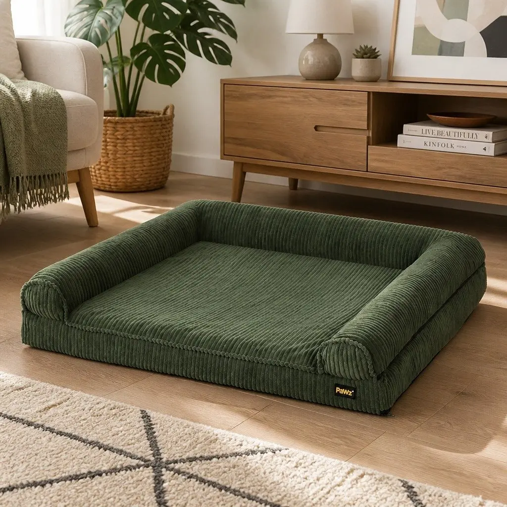 Dog Bed Orthopedic Foam Cushion Corduroy Fabric 100cm x 80cm Green