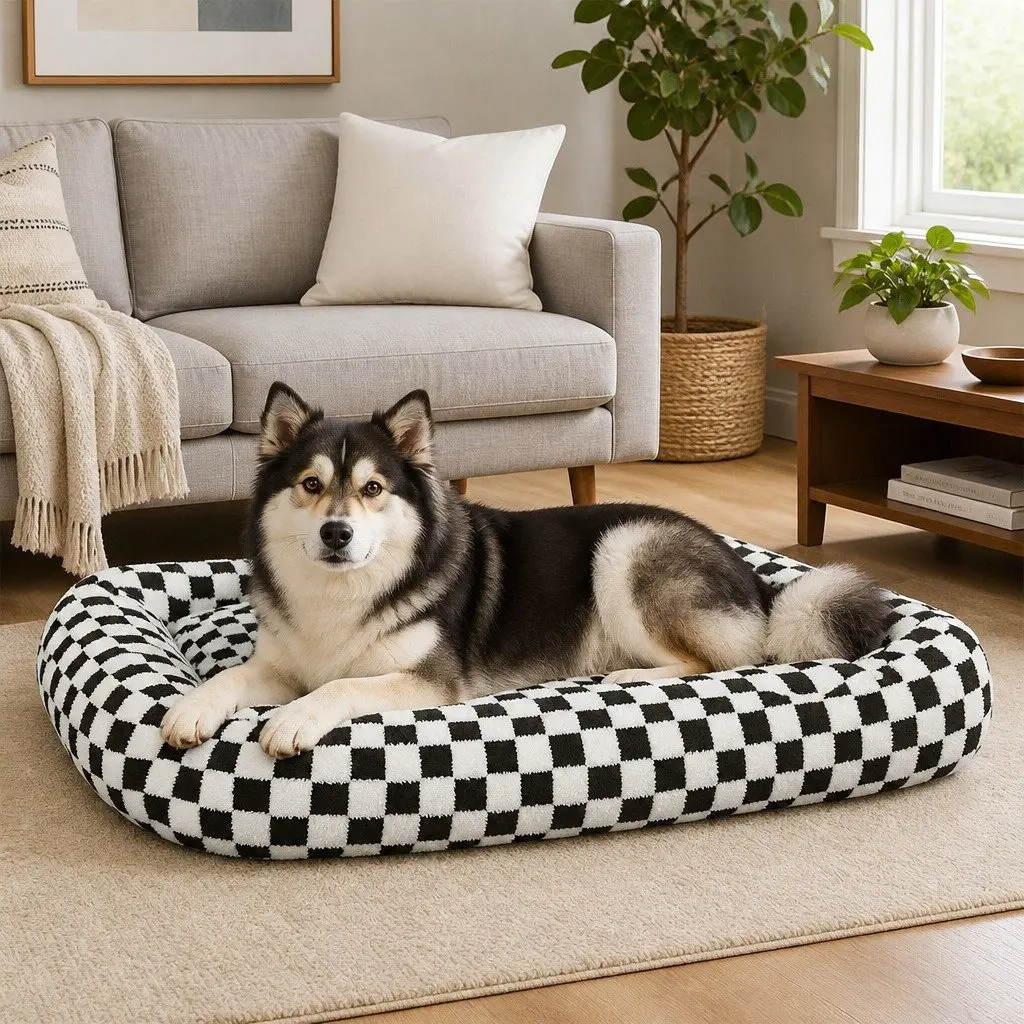 Dog Bed Plush Checkered 90cm x 60cm Black and White