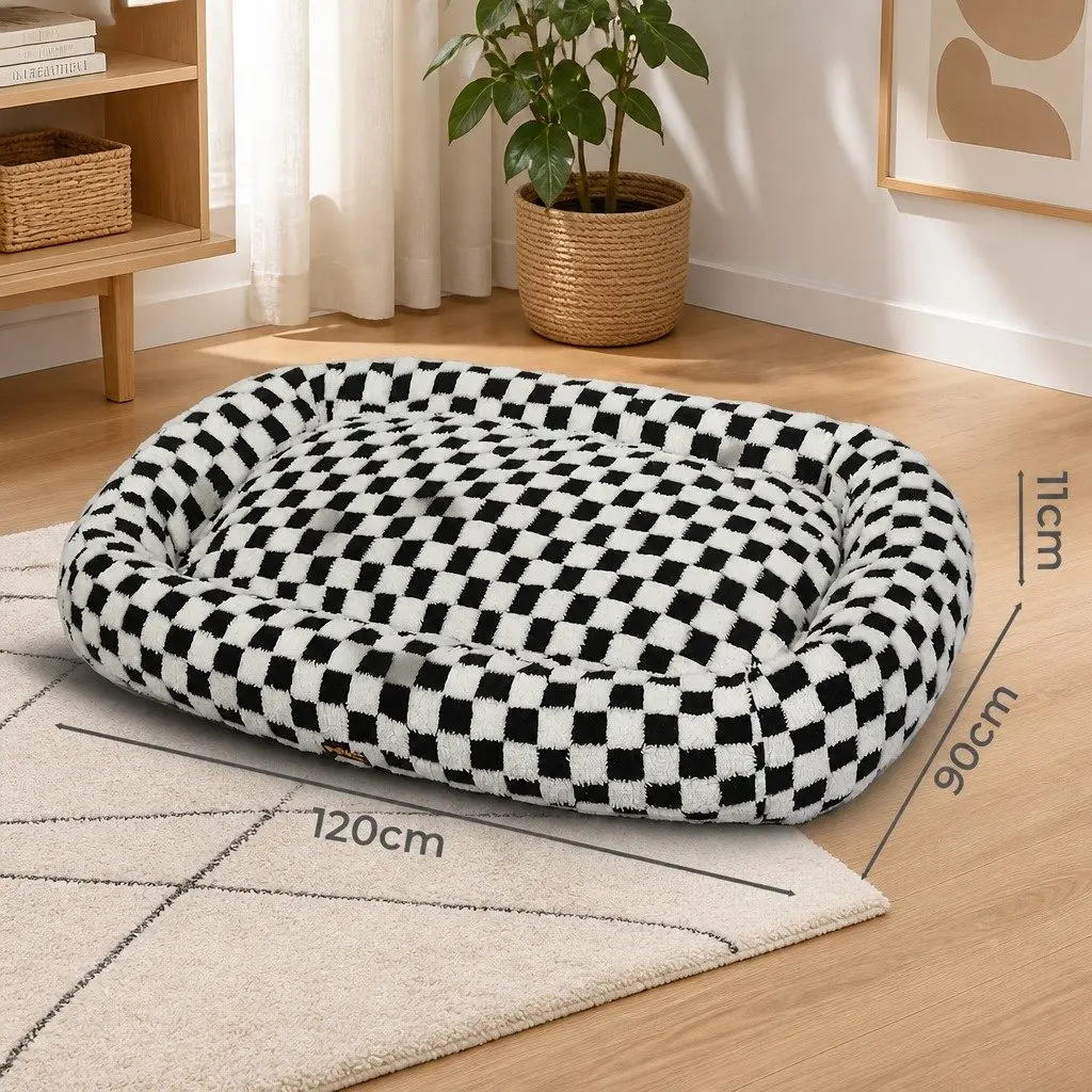 Dog Bed Plush Checkered Soft Black and White 120cm L x 90cm W x 11cm H
