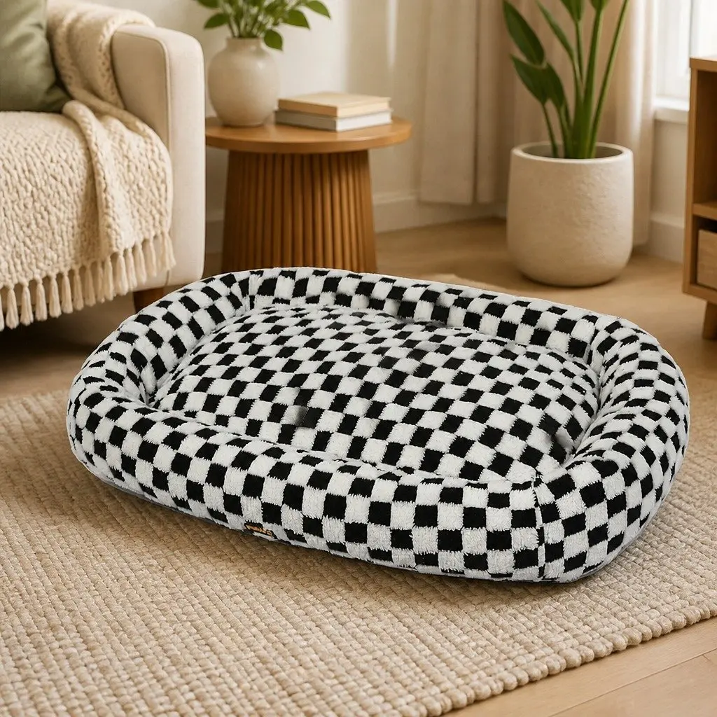 Dog Bed Plush Soft Washable Removable Cover Raised Bolsters Black and White 130cm L x 110cm W x 11cm H