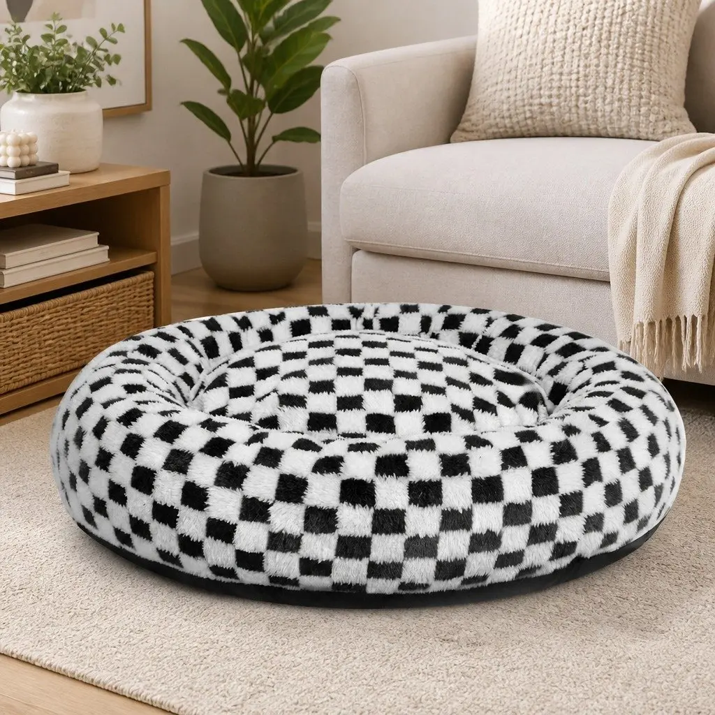 Circular Plush Dog Cosy Bed Calming Pet Checkered Removable Washable Cover