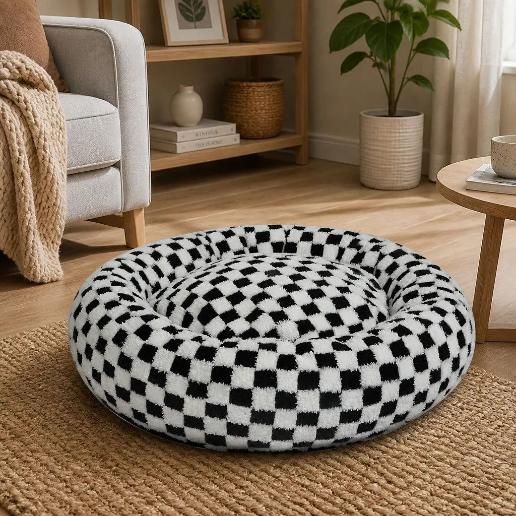 Circular Plush Dog Cosy Bed Calming Pet Bed Checkered Design Removable Cover