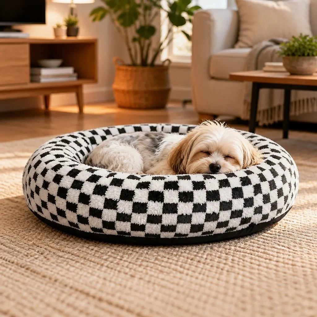 Circular Plush Dog Cosy Bed Calming Pet Bed Checkered Design Removable Cover