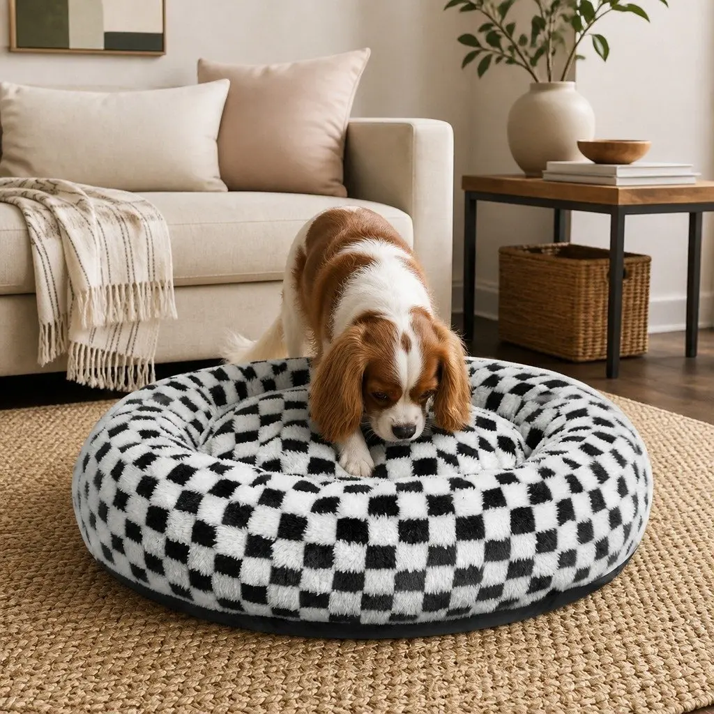 Circular Plush Dog Cosy Bed Calming Pet Bed Checkered Design Removable Cover