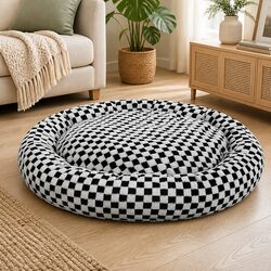 Checkered Circular Plush Dog Bed with Washable Cover