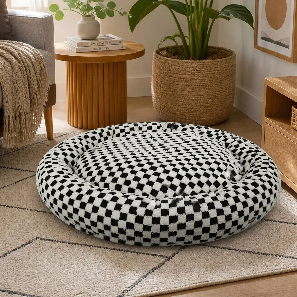 Checkered Circular Plush Dog Bed with Washable Cover