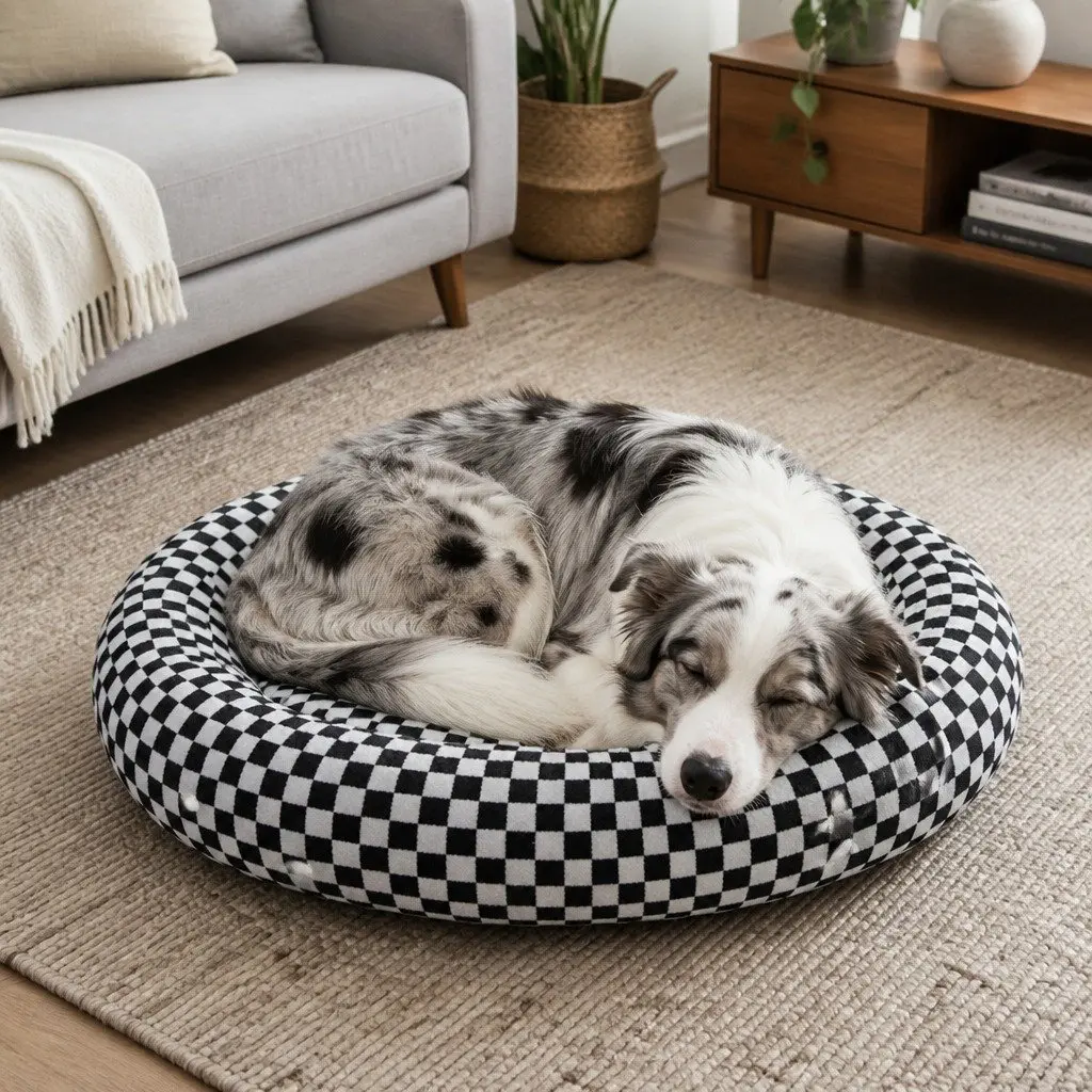 Checkered Circular Plush Dog Bed with Washable Cover