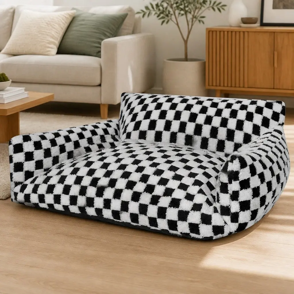 Plush Checkered Pet Bed with Non-Slip Base