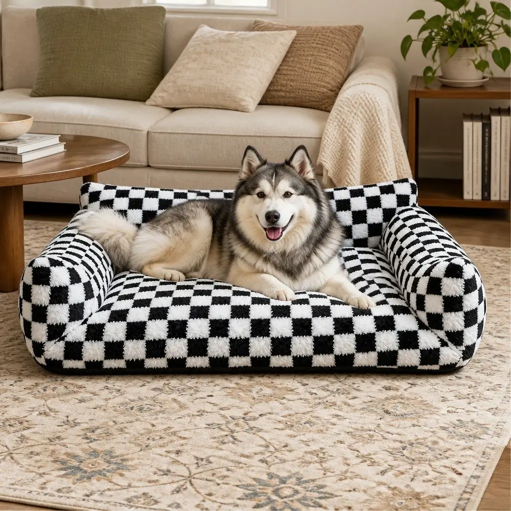 Plush Checkered Pet Bed with Non-Slip Base