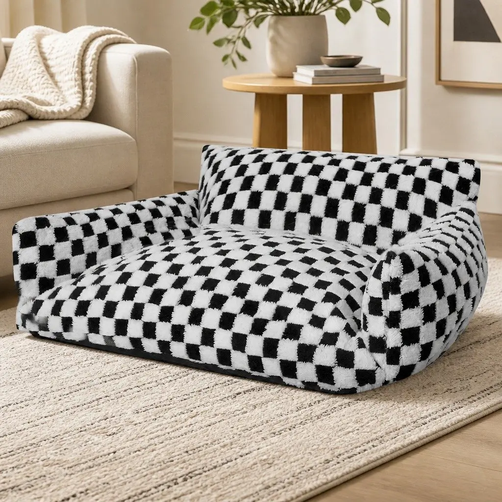 Plush Checkered Pet Bed with Bolster Support