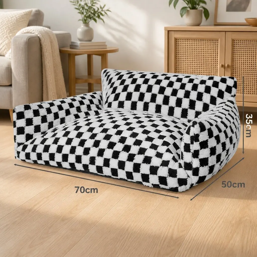 Plush Checkered Pet Bed with Bolster Support
