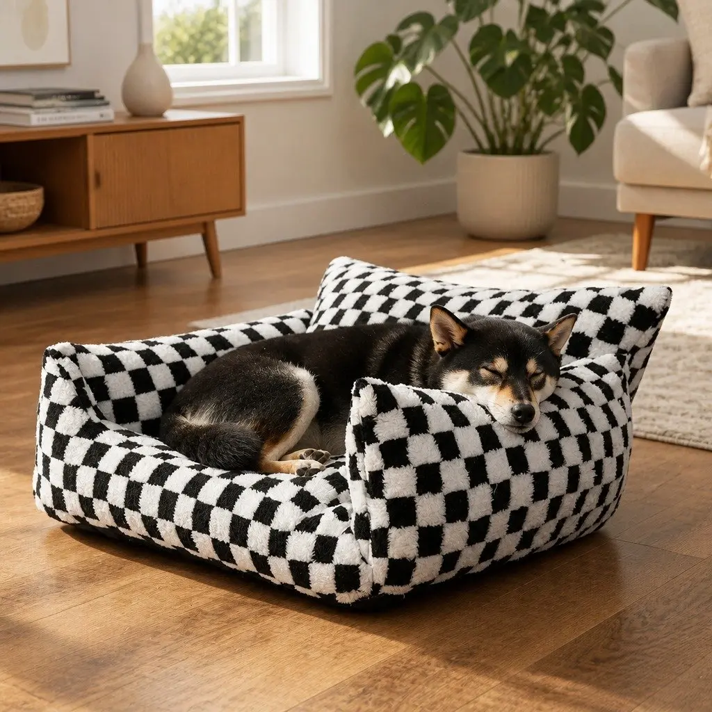 Plush Checkered Pet Bed with Bolster Support