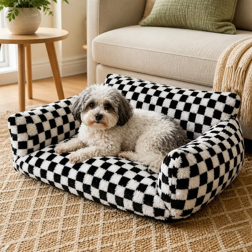 Plush Checkered Pet Bed with Bolster Support