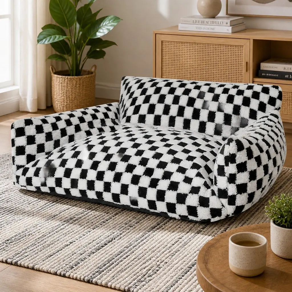 Plush Checkered Pet Bed with Bolster Support