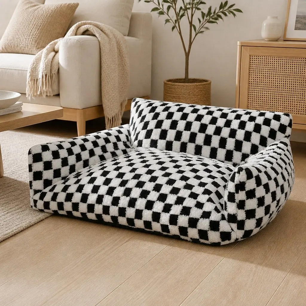 Plush Checkered Pet Bed with Removable Cover