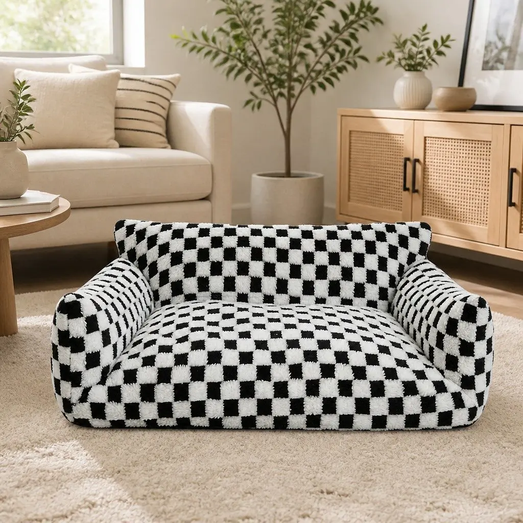 Plush Checkered Pet Bed with Removable Cover