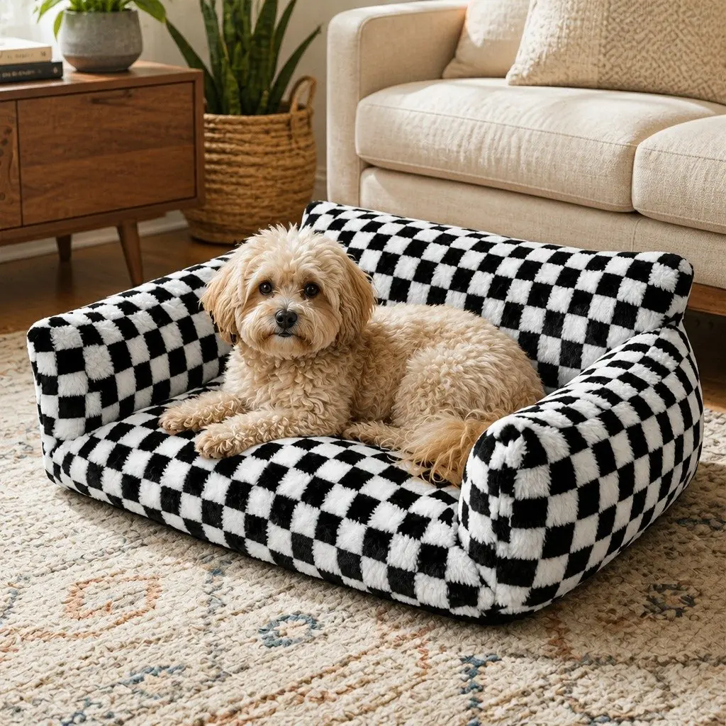 Plush Checkered Pet Bed with Removable Cover