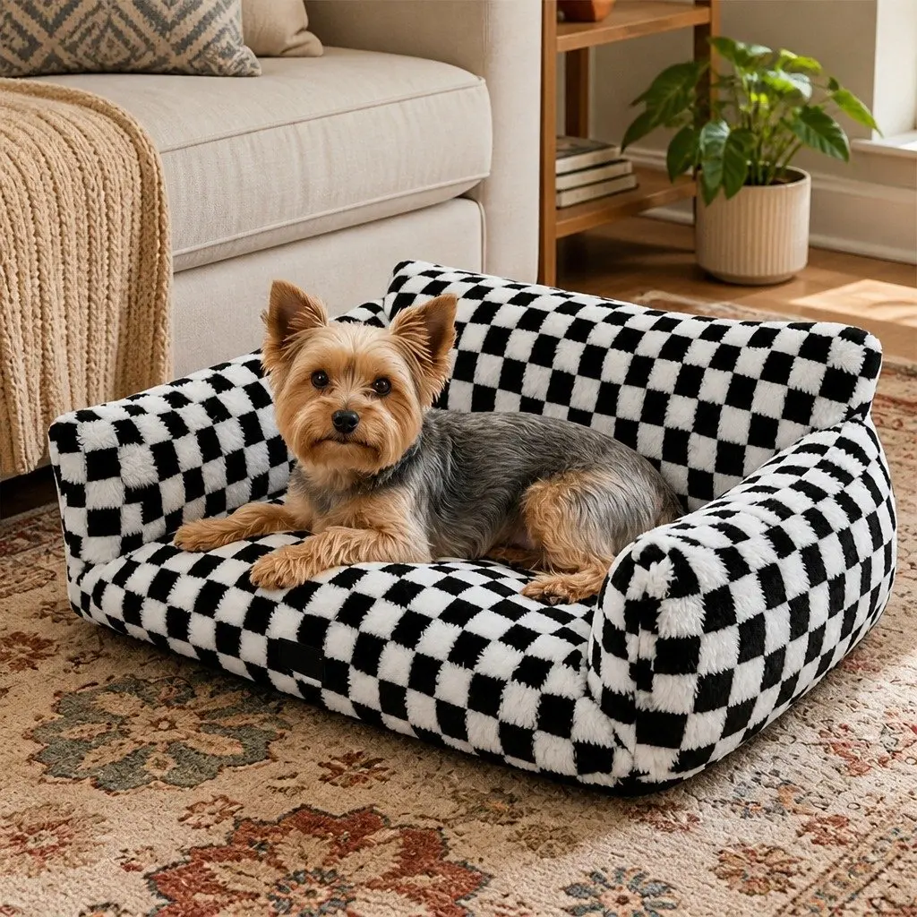 Plush Checkered Pet Bed with Removable Cover