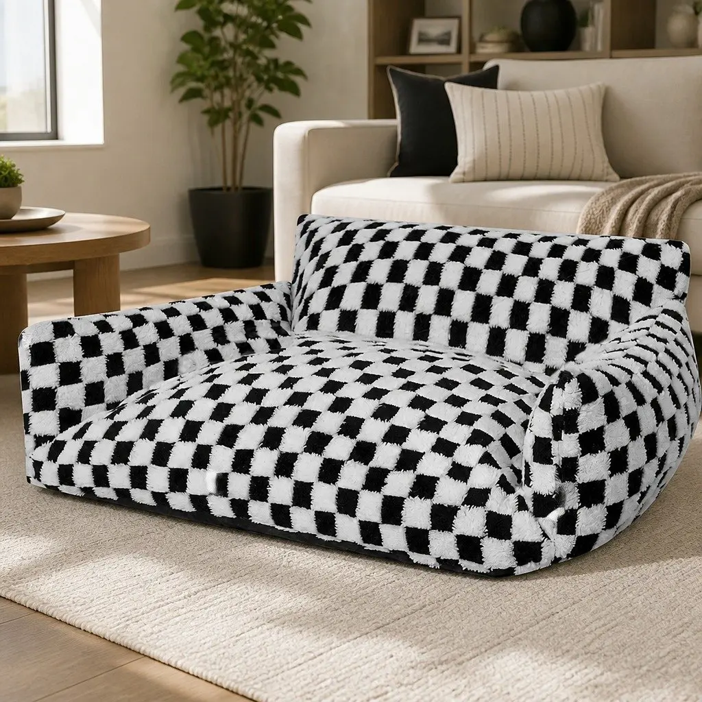 Plush Checkered Pet Bed with Removable Cover