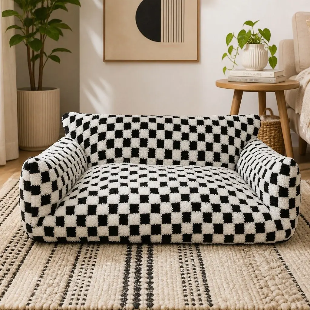 Pet Bed Plush Checkered 130cm L x 100cm W Black and White