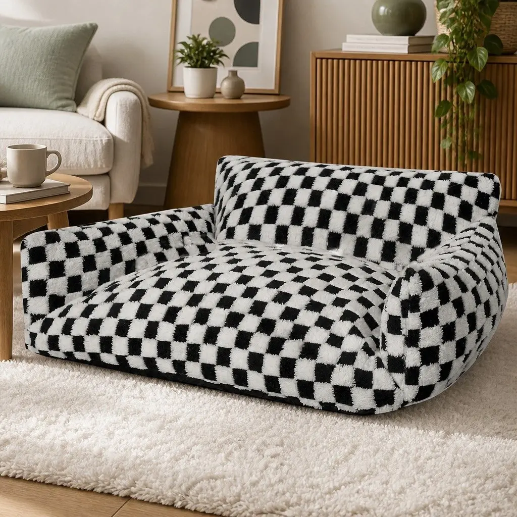 Pet Bed Plush Checkered 130cm L x 100cm W Black and White